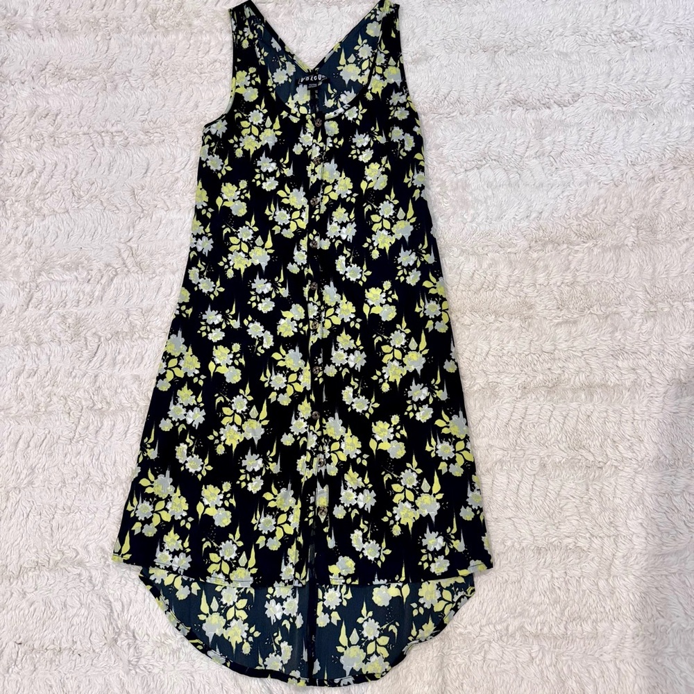 Volcom XS Black Yellow Floral Sleeveless Dress Button up Grunge 90s whimsy goth